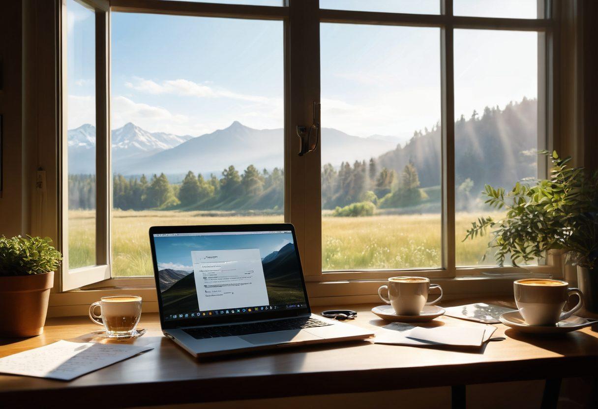 A serene workspace featuring an open laptop with a glowing screen, a steaming cup of coffee beside it, and handwritten notes scattered around. In the background, a large window reveals a sunny landscape, symbolizing inspiration and creativity. Whimsical light illuminates the scene, suggesting ideas flowing freely. super-realistic. warm tones. cozy atmosphere.