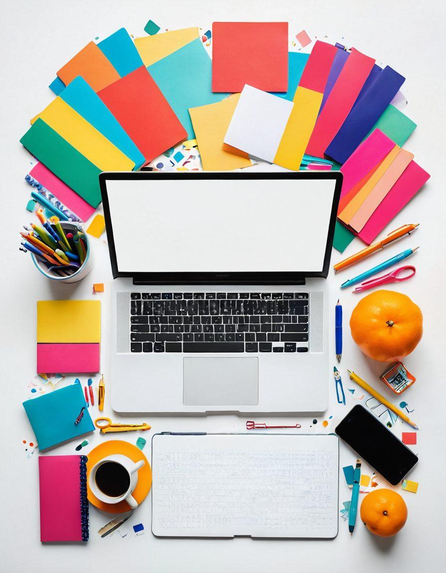 A dynamic collage showcasing a vibrant workspace filled with a laptop, colorful notebooks, and artistic tools, with an abstract representation of a diverse community connecting online in the background. Emphasize creativity, collaboration, and blogging elements. super-realistic. vibrant colors. white background.