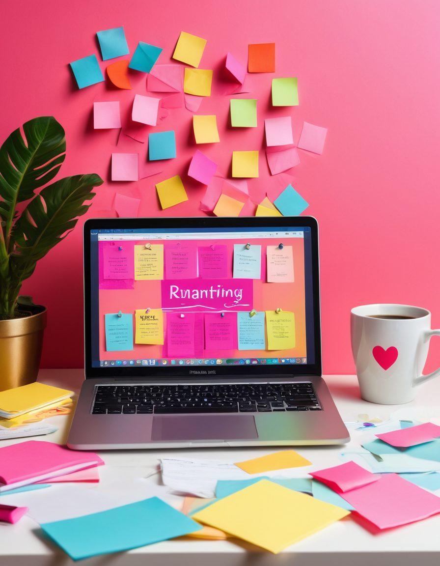 A vibrant digital workspace showcasing a laptop with an open blog post titled 'Unlock Blogging Secrets', surrounded by colorful sticky notes filled with engaging ideas. In the background, a light bulb and a heart symbolizing inspiration and connection, and a cup of coffee to evoke a cozy atmosphere. The overall vibe should be motivational and inviting, emphasizing creativity and engagement. vibrant colors. modern illustration.